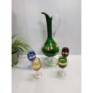 Vintage Bohemian Green  Glass Wine Liquor Decanter & 4 Cordials